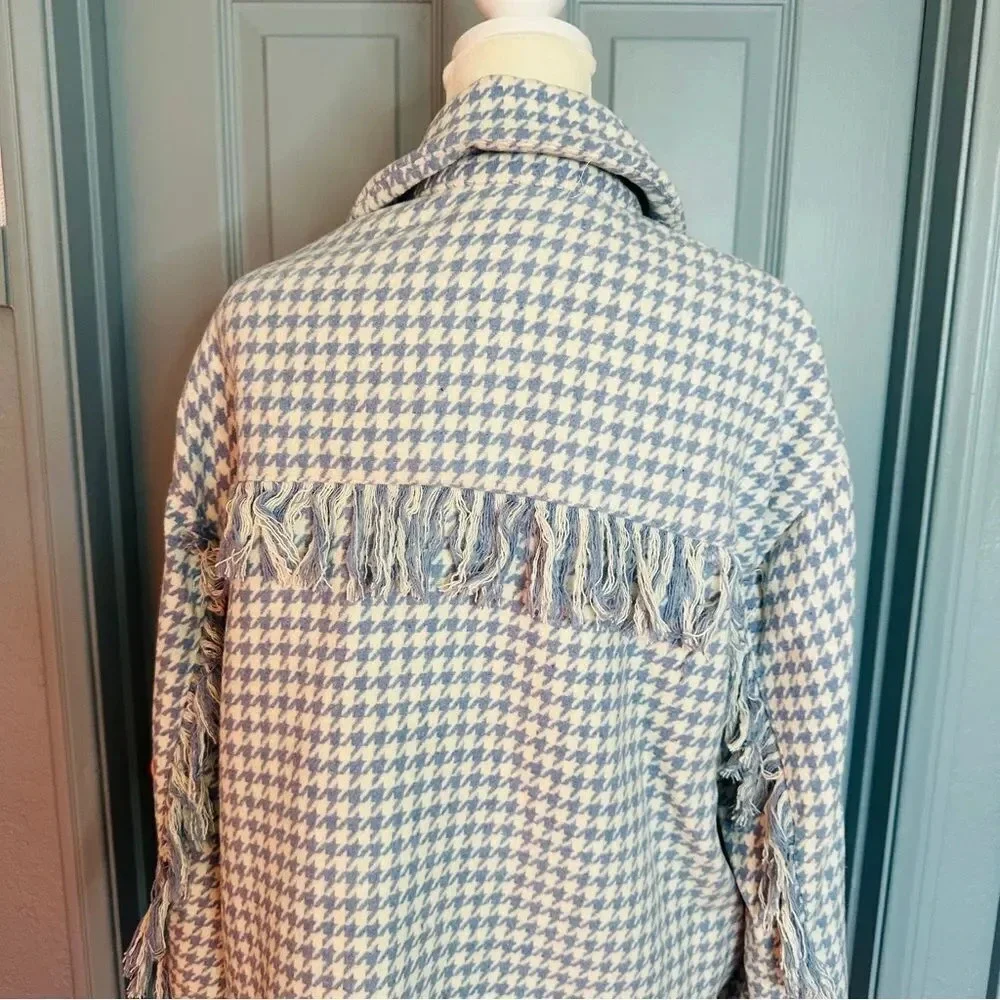 Shero Houndstooth Tassel Trim Blue and White Fringe Shacket Jacket - Picture 10 of 13